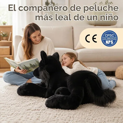 Vista 4 de MaoGoLan Peluche de lobo negro, lobo gigante de peluche para niños, 47 Almohada grande y realista de lobo coyote, extra suave, decoración