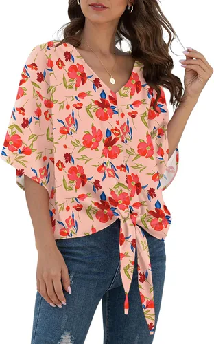 Vista 19 de VIISHOW Womens Tie Front Chiffon Blouses V Neck Batwing Short Sleeve Summer Tops Shirts Albaricoque