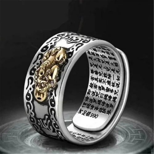 Vista 2 de BLUGY Anillos significativos y divertidos con dijes de Pixiu, anillo de Feng Shui, riqueza, joyería budista, anillo ajustable para hombres y mujeres