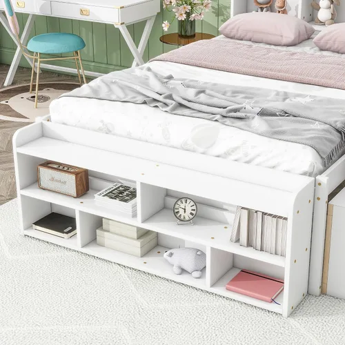 Vista 5 de HomSof Cama matrimonial con cabecero de estantería, cajones de almacenamiento debajo de la cama y estuche de almacenamiento en el extremo