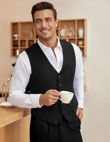 Vista 3 de COOFANDY Chaleco de traje de negocios para hombre, chaleco de vestir ajustado, chaleco de boda