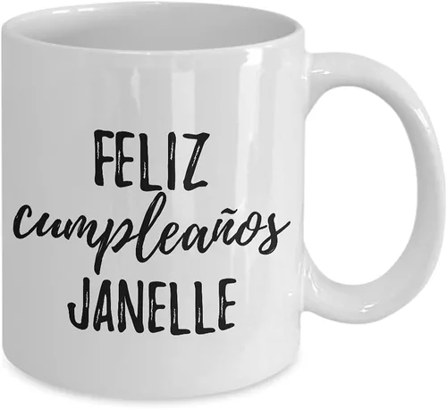 Vista 2 de Feliz Cumpleanos Janelle Mug Spanish Happy Birthday Personalized Name Gift Coffee Tea Cup 11 oz