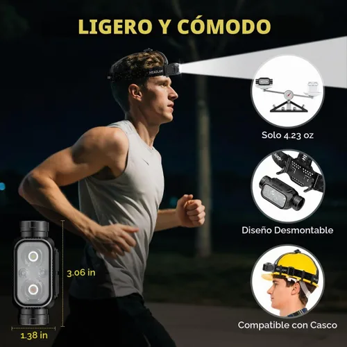 Vista 4 de Paquete de 1 linterna LED ultraligera desmontable, linterna recargable USB-C con sensor de movimiento y luz de advertencia, lámpara de cabeza