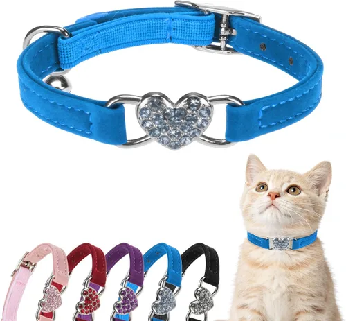 Vista 8 de BINGPET collar ajustable para gatos, de terciopelo suave, seguro, collares Bling diamante con cascabel, Adjustable, Negro Negro