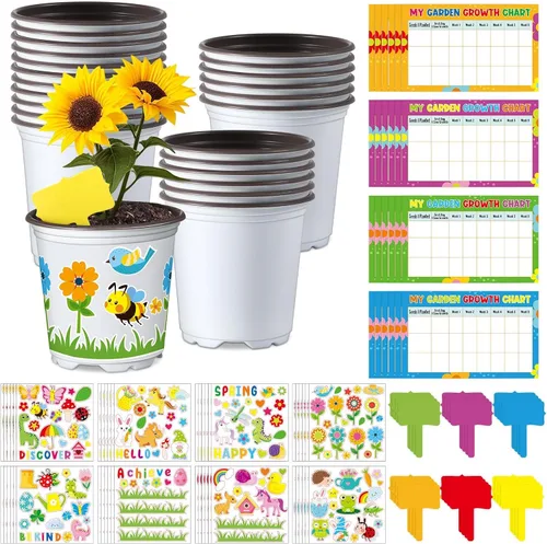 Vista 9 de Capoda Juego de 24 macetas de jardín, kit de manualidades, macetas de plástico de primavera para vivero con calcomanías, tablas de crecimiento