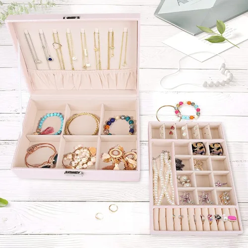 Vista 6 de Cajas de joyería para mujer caja organizadora grande de piel sintética caja de almacenamiento de joyas de 2 capas con cerradura caja de joyería rosa