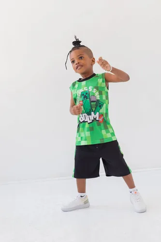 Vista 2 de Minecraft Creeper - Conjunto de 3 piezas para niños pequeños, camiseta sin mangas, pantalones cortos de malla