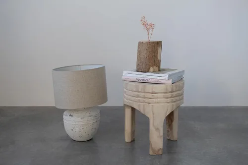 Vista 10 de Creative Co-Op Taburete de madera de Paulownia tallada a mano, estilo bohemio, natural