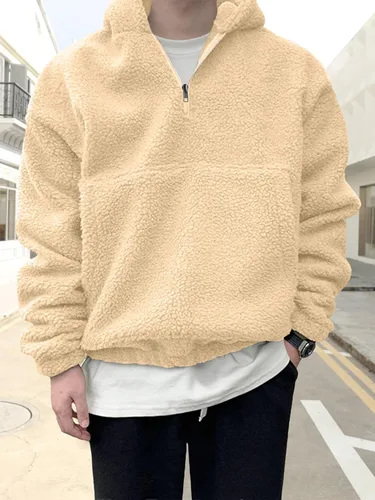 Vista 4 de Mens Sherpa Fuzzy Pullover Hoodie Sweatshirts 14 Zip Up Oversized Top Long Sleeve Fleece Jacket with Pockets