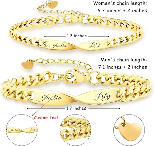 Vista 3 de Juego de pulseras de cadena de infinito personalizadas, grabado con nombre personalizable, longitud ajustable con dije de corazón, a juego con joyas