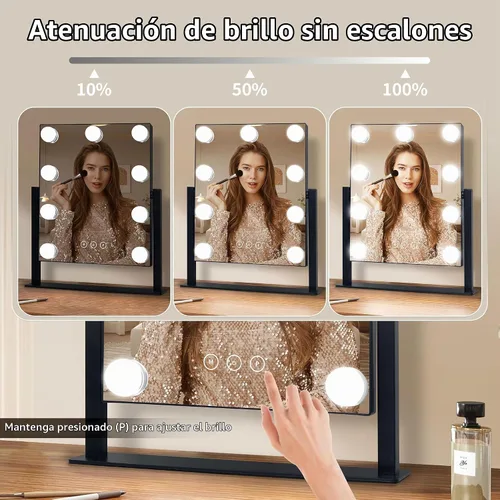 Vista 3 de Espejo de tocador con luces, espejo de maquillaje con luces con 9 bombillas LED regulables, 3 modos de iluminación de color desmontables, espejo