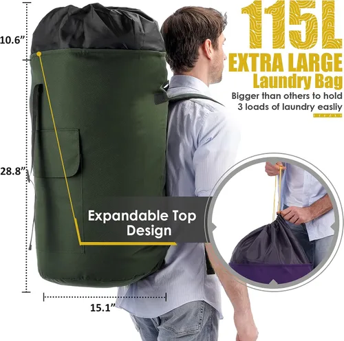 Vista 3 de Mochila para lavandería, 115L, resistente, extra grande, bolsa de ropa sucia con correas para el hombro, bolsa de ropa sucia con cierre de cordón
