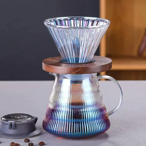 Vista 6 de V60 - Juego de cafetera con gotero, 17.7 onzas líquidas, gotero de café de vidrio V60 con base de madera para regalo de oficina en casa