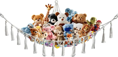 Vista 7 de Hamaca esquinera de animales de peluche con ganchos, cama colgante de tela suave para juguetes de peluche, organizador de almacenamiento de Beige