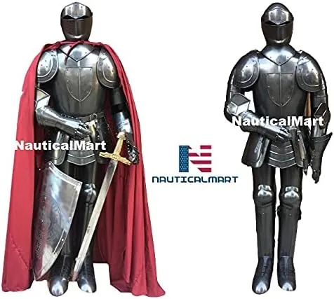 Vista 3 de NauticalMart Traje medieval de caballero negro con escudo, capa LARP