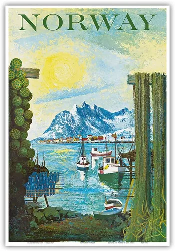 Vista 10 de Norway - Scandinavia - Boats in Fishing Village - Vintage Travel Poster by Lars Thorsen c.1940s - Master Art Print (Unframed) 6in x 9in