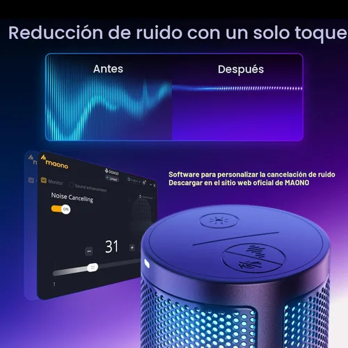 Vista 3 de MAONO Micrófono USB para juegos, Micrófono condensador con cancelación de ruido con silencio, ganancia, monitoreo, micrófono de brazo de boom