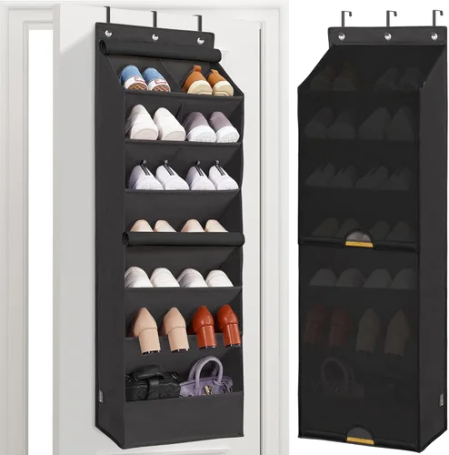 Vista 12 de STORAGE MANIAC Organizador de zapatos para colgar sobre la puerta con cortina, resistente al polvo, organizador de zapatos grande y profundo