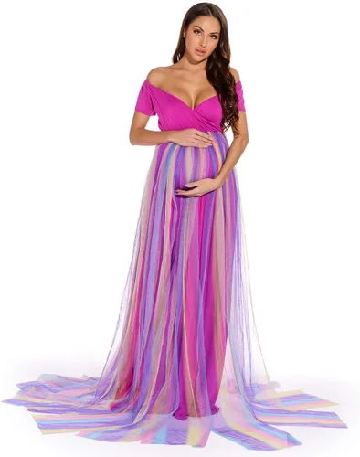Vista 4 de ZIUMUDY Vestido de maternidad con hombros descubiertos para sesión de fotos, vestido de baby shower, vestido de maternidad de tul de manga corta