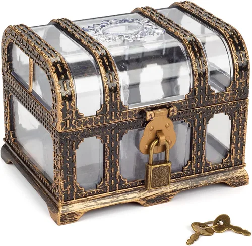 Vista 8 de Cofre del tesoro antiguo transparente para niños, almacenamiento pirata de plástico y caja decorativa