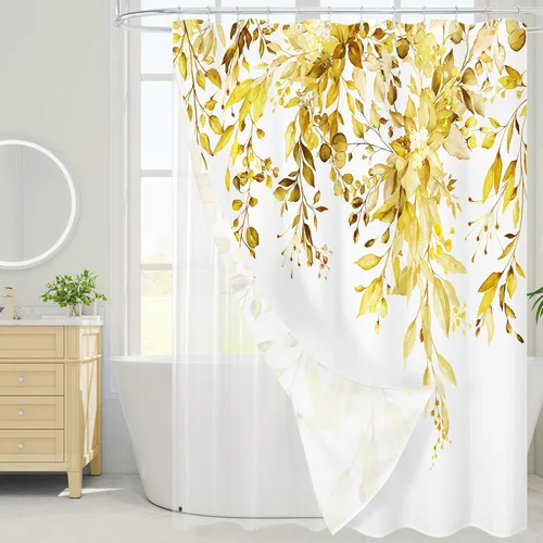 Vista 46 de Gibelle - Cortina de ducha para ducha pequeña 36 x 72, cortina de ducha estrecha con flores blancas y negras, juego de cortina de ducha de tela
