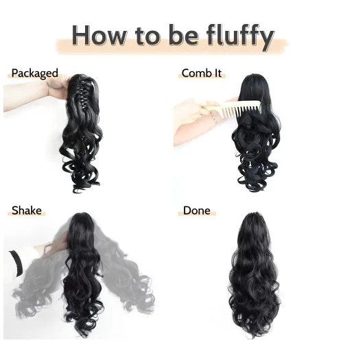 Vista 4 de Extensión de cola de caballo de garra negra natural ondulada de 16 pulgadas, extensiones de cabello sintético rizado con clip, extensiones
