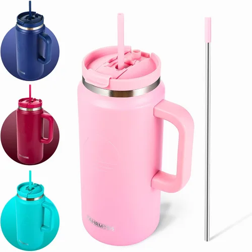 Vista 11 de FAHRMOSIS Vaso de 40 onzas con asa y pajita, taza aislada que cabe en el portavasos para bebidas frías y calientes, vaso a prueba de fugas