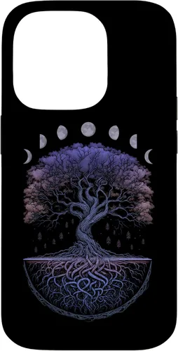 Vista 16 de Funda para iPhone 11 Pro Max Yggdrasil nórdico árbol de la vida vikinga fases de la luna