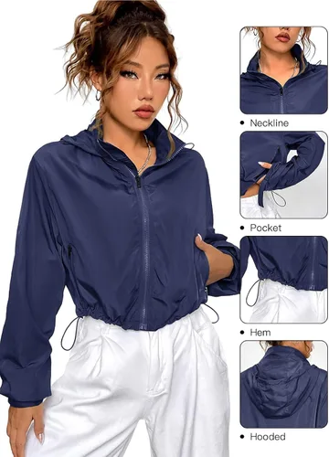 Vista 5 de Allytok Chaqueta corta con capucha y cremallera para mujer, chaqueta corta de moda Y2K con bolsillos