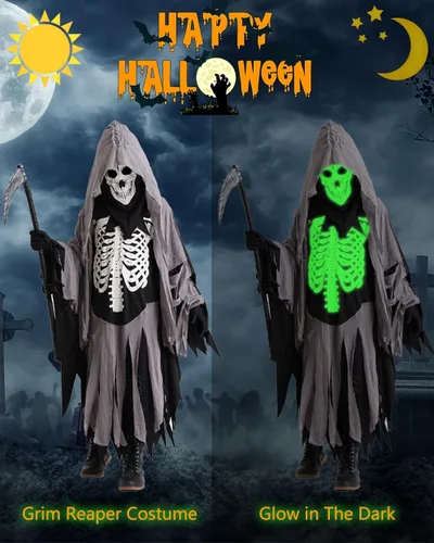 Vista 3 de Disfraz de parca de Halloween para niños, disfraz de esqueleto blanco oscuro con accesorios para cosplay de la parca de calavera