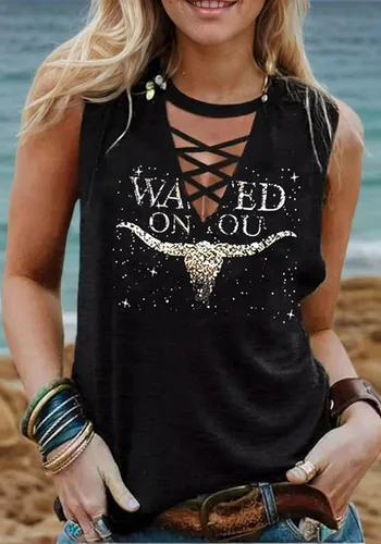 Vista 2 de Wasted On You Steer Skull - Camiseta sin mangas para mujer, diseño de vaquero occidental, camiseta de Rodeo, camiseta de música country