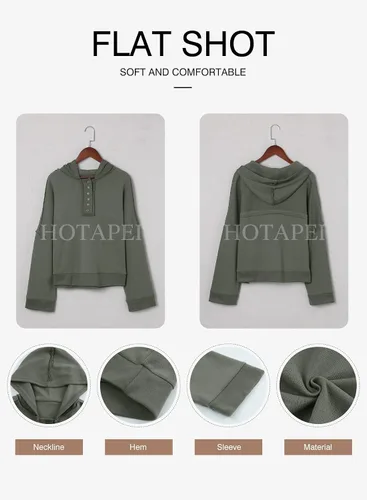 Vista 2 de HOTAPEI Sudadera corta con capucha y cuello en V para mujer, estilo casual, con botones, manga larga