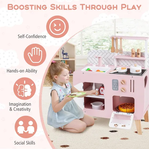 Vista 6 de Costzon Juego de cocina para niños, juguete interactivo para niños pequeños con horno, estufa, fregadero, grifo, espacio de almacenamiento
