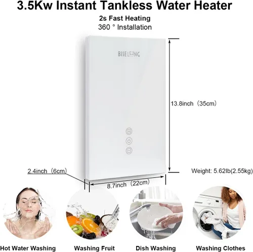 Vista 2 de Calentador de agua eléctrico instantáneo sin tanque, 3.5 KW, 110/120 V, pequeño, un calentador de agua de ahorro de energía, adecuado para grifos