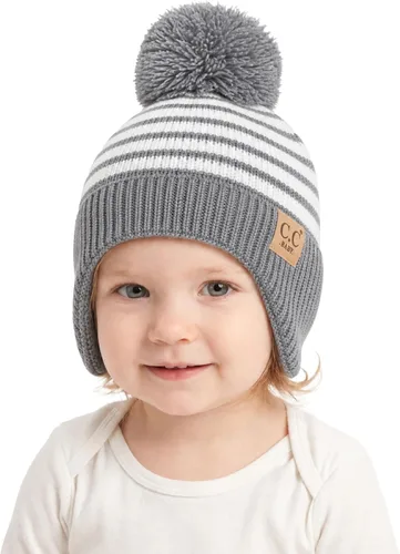 Vista 12 de C.C Gorro de Bebé con Doble Pompón de Piel con Orejeras para Niños y Niñas - Gorro de Punto Skully Cómodo, Suave y Cálido para Bebés, Niños Pequeños