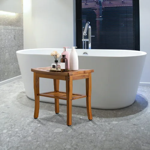 Vista 6 de Banco de ducha de teca VaeFae, banco grande Taburete de baño con estante de almacenamiento, asiento de teca sólida para ducha interior y uso