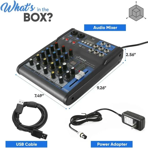 Vista 8 de Pyle Mezclador de Audio Profesional Placa de Sonido Consola del Sistema - 4 Canales - Bluetooth - Entrada USB MP3 para Computadora - 48V Phantom