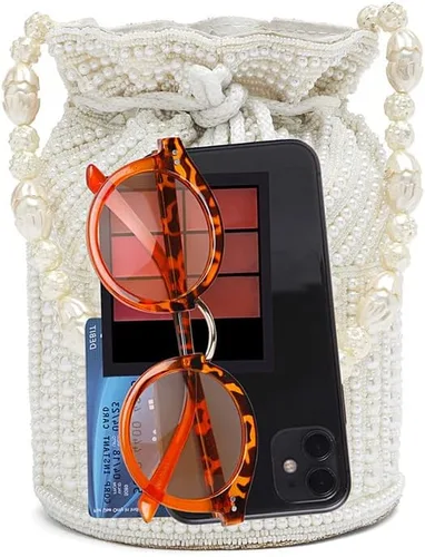 Vista 8 de Aheli Bolsas Potli blancas para mujer, bolso de noche étnico con cordón (P98W), Blanco
