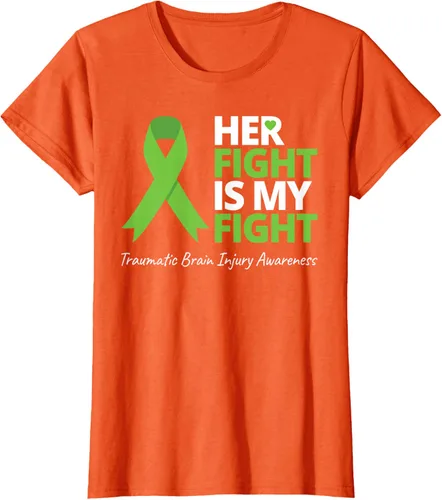 Vista 13 de Camiseta con cinta verde de la conciencia de la TBI, con texto en inglés "Her Fight Is My Fight" Jaspeado Oscuro