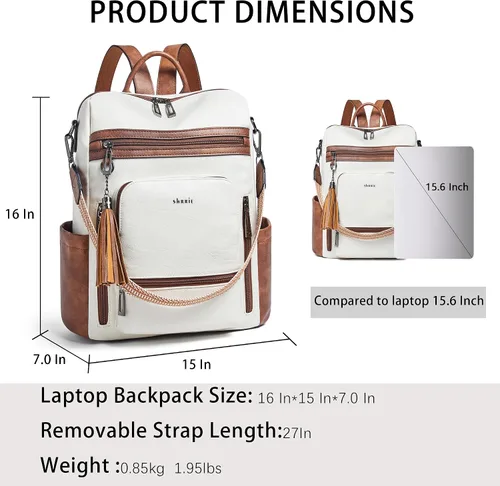 Vista 3 de Shrrie - Mochila vegana de cuero para laptop de 14 pulgadas para mujer, mochila de trabajo, mochila de moda, mochila de viaje, bolso para negocios