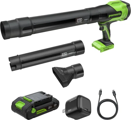Vista 14 de Greenworks Soplador/barredora de hojas de 40 V, 150 MPH / 135 CFM, ligero, silencioso, con batería de 2.0 Ah y cargador, perfecto para el cuidado