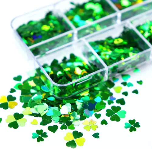 Vista 2 de 6 rejillas para arte de uñas del día de San Patricio, lentejuelas 3D, trébol, estrellas, estrellas, corazón, hojas, trébol, diseños de uñas