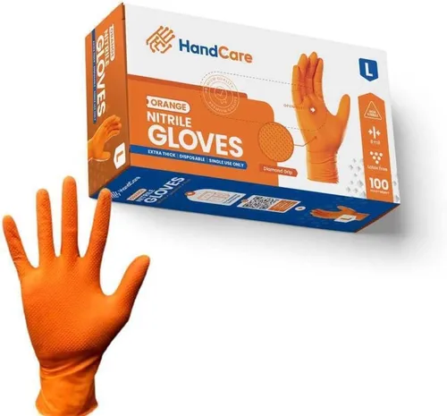 Vista 2 de HandCare - Guantes desechables de nitrilo naranja de 8 mil, sin látex, agarre texturizado de diamante para uso mecánico, trabajo y limpieza