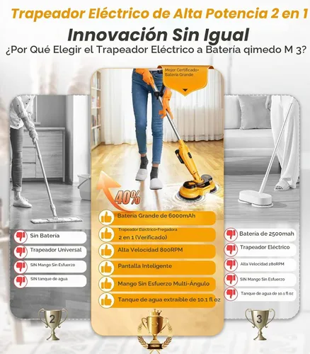 Vista 4 de qimedo Trapeador eléctrico inalámbrico M3, 6000mAh, limpiador eléctrico 2