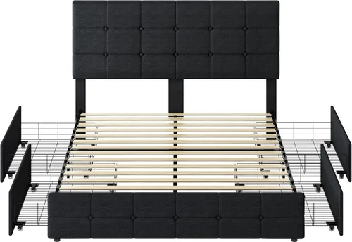 Vista 8 de Moderna base de cama tapizada con 4 cajones de almacenamiento, cama de plataforma con cabecera capitonada con botones ajustables, soporte de Negro