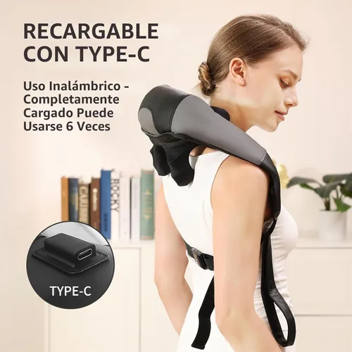 Vista 6 de Masajeador de cuello ajustable de ancho Shiatsu inalámbrico para aliviar el Gris negro
