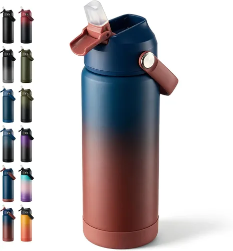 Vista 13 de Fijinhom Botella de agua aislada de 18 onzas con 2 tapas, botellas de agua de acero inoxidable, aspiradora de doble pared, mango portátil y parte