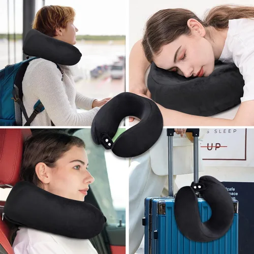 Vista 6 de Almohada de cuello de espuma viscoelástica para el cuello de avión con funda de terciopelo, almohada suave de avión para dormir, almohada de viaje
