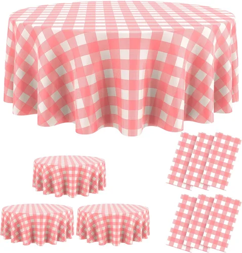 Vista 19 de Remagr Mantel Desechable de Cuadros Redondo de Plástico Buffalo Plaid Mantel de Mesa de 84'' Cubierta de Mesa Gingham para Picnic Camping BBQ Fiesta