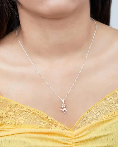 Vista 2 de Disney Beauty and the Beast, Sterling Silver Rose Pendant Necklace, 18" Chain